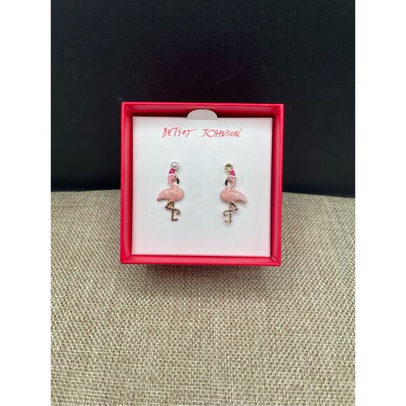 New Betsy Johnson Flamingo Santa Earrings 3D Read - Picture 1 of 5